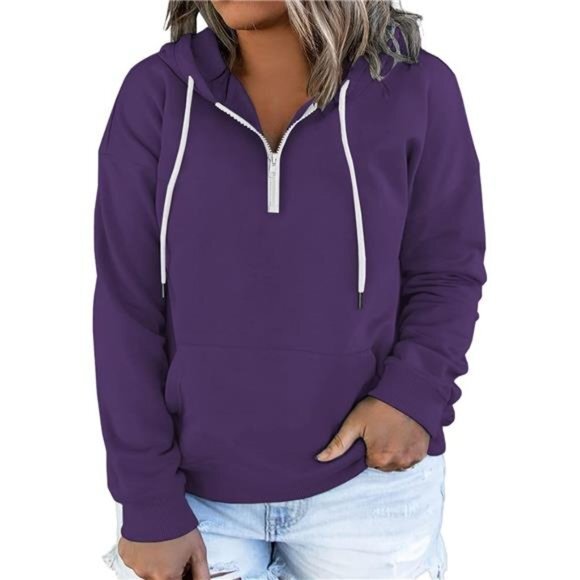 Women's-Plus-Size-Hoodies Quarter Zip-Up Hooded Sweatshirts Lightweight Pullover - Picture 1 of 4